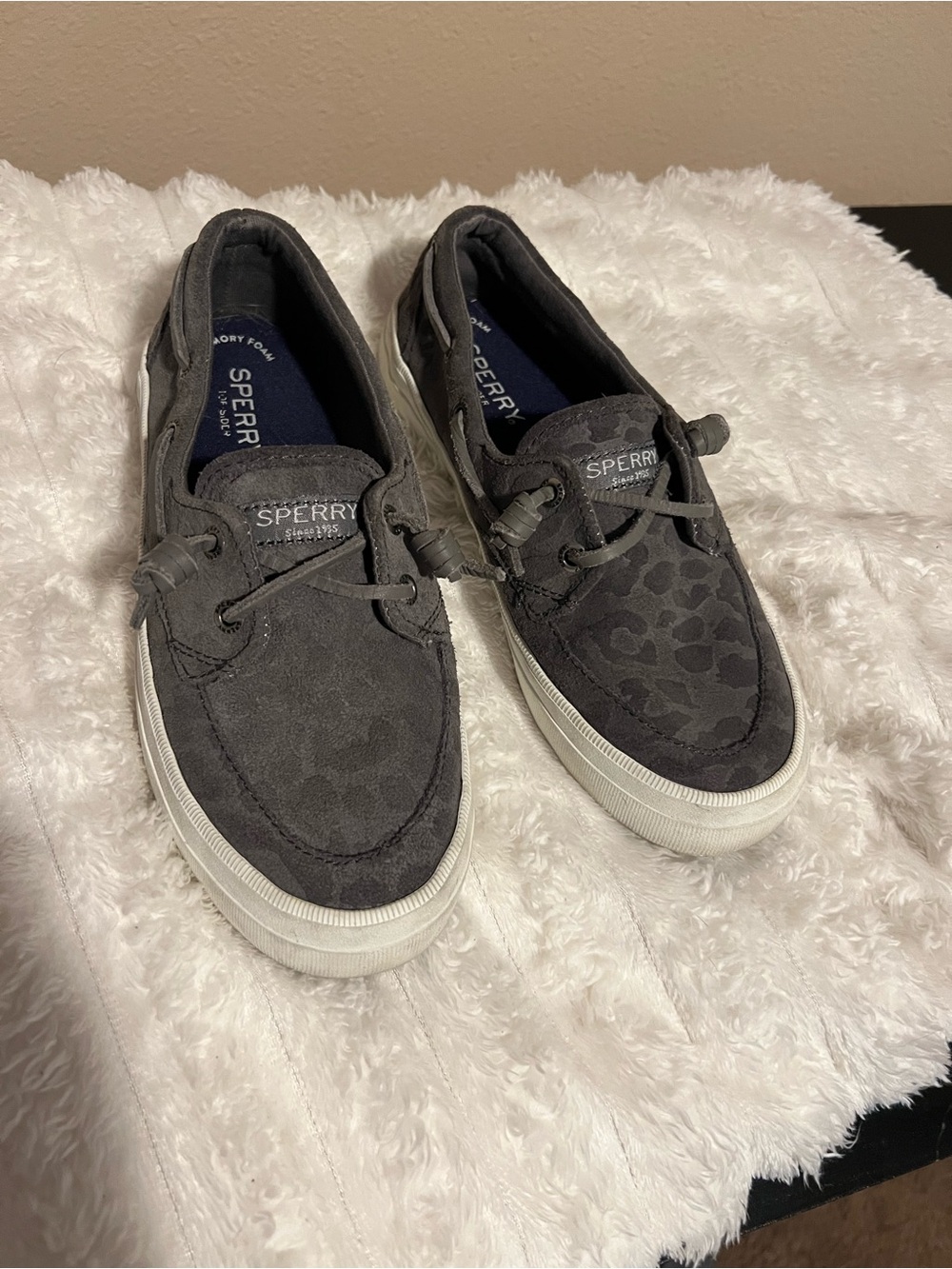 Sperry Charcoal Gray Suede Leopard-Print Slip-Ons